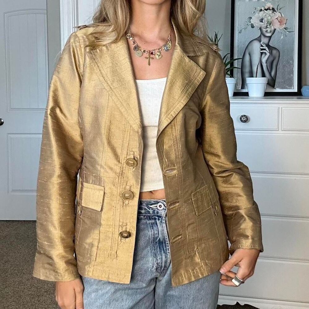 Chico's 100% silk Gold metallic button-up lightweight jacket
